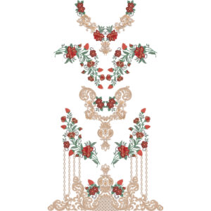 Elegant Red Rose Dress Embroidery Design with Ornamental Scrollwork and Decorative Floral Border
