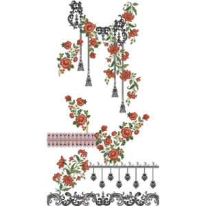 Elegant Floral Lamp Post Dress Embroidery Design with Decorative Botanical Vines and Ornamental Border