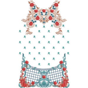 Elegant Floral Neckline Dress Embroidery Design with Rose Motifs and Decorative Lattice Border