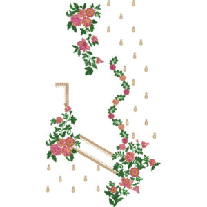 Elegant Diagonal Floral Dress Embroidery Design with Botanical Vine Motifs and Decorative Panels