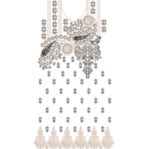 Elegant Paisley Neckline Dress Embroidery Design with Ornamental Motifs and Decorative Lace Border