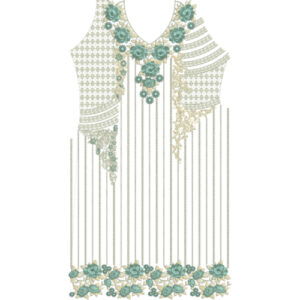 Elegant Blue Rose Neckline Dress Embroidery Design with Cascading Vertical Lines and Floral Border