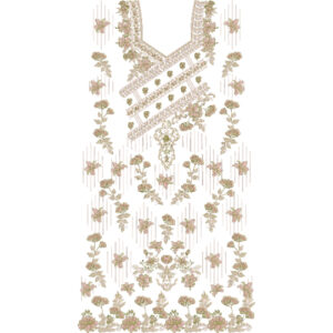 Elegant Floral Neckline Dress Embroidery Design with Diagonal Ornamental Panels and Botanical Border