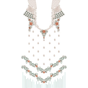 Elegant Floral V-Neck Dress Embroidery Design with Geometric Panels and Decorative Vine Border