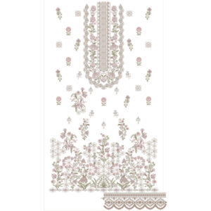 Elegant Pastel Floral and Geometric Neckline Embroidery Dress Design with Detailed Botanical Border