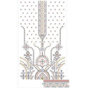 Elegant Multicolor Floral and Geometric Neckline Embroidery Dress Design with Ornamental Arch Motifs