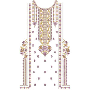 Elegant Yellow and Purple Floral Panel Neckline Embroidery Dress Design with Symmetrical Side Borders