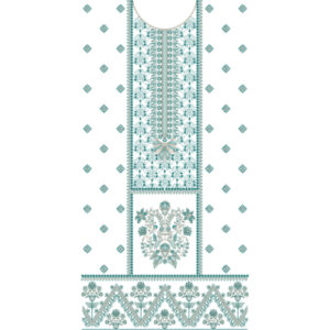 Elegant Teal Floral and Geometric Panel Neckline Embroidery Dress Design with Structured Border