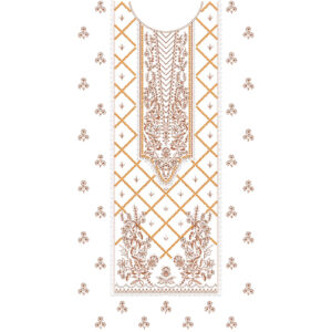 Elegant Rust Orange Floral and Lattice Panel Neckline Embroidery Dress Design with Symmetrical Botanical Base