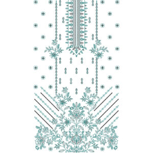 Elegant Teal Floral and Geometric Neckline Embroidery Dress Design with Ornamental Base Composition