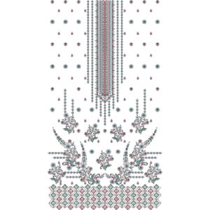 Elegant Multicolor Floral Neckline Embroidery Dress Design with Hanging Beaded Detailing and Geometric Border