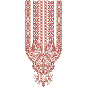 Intricate Traditional Red Neckline Embroidery Design with Geometric Floral Panel and Ornamental Drop