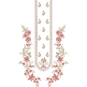 Elegant Floral Panel Neckline Embroidery Design with Side Vine Arrangement and Delicate Motifs