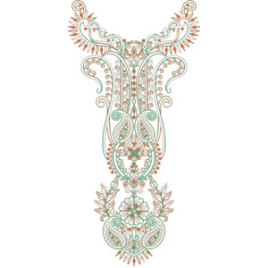 Ornamental Paisley Floral Neckline Embroidery Design with Curved Scroll Detailing