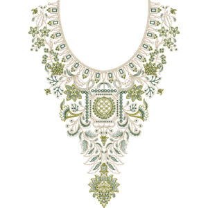 Ornate Floral Neckline Embroidery Design with Decorative Panel and Hanging Motif