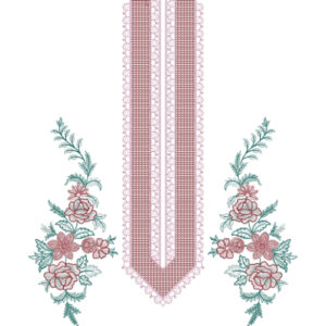 Elegant Lace Panel Neckline Embroidery Design with Side Floral Bouquet Motifs