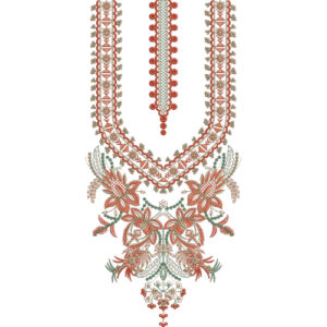 Elegant Floral V-Neckline Embroidery Design with Beaded Borders and Ornamental Drop