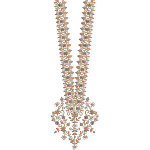 Elegant Floral V-Neckline Embroidery Design with Beaded Border and Ornamental Vine Motifs