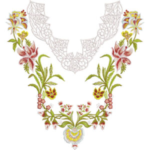 Elegant Floral Neckline Embroidery Design with Decorative Collar and Botanical Arrangement