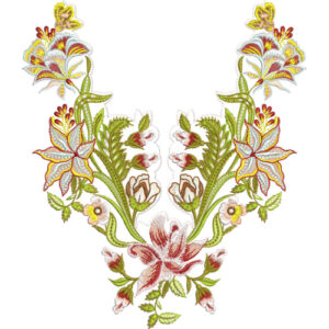 Vibrant Floral V-Neckline Embroidery Design with Symmetrical Botanical Motifs