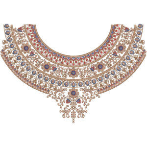 Traditional Round Yoke Neckline Embroidery Design with Layered Floral and Geometric Bands