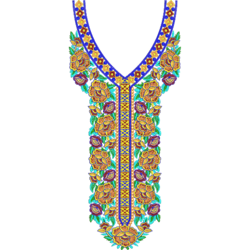 Vibrant Floral V-Neckline Embroidery Design with Geometric Center Panel and Ornamental Borders