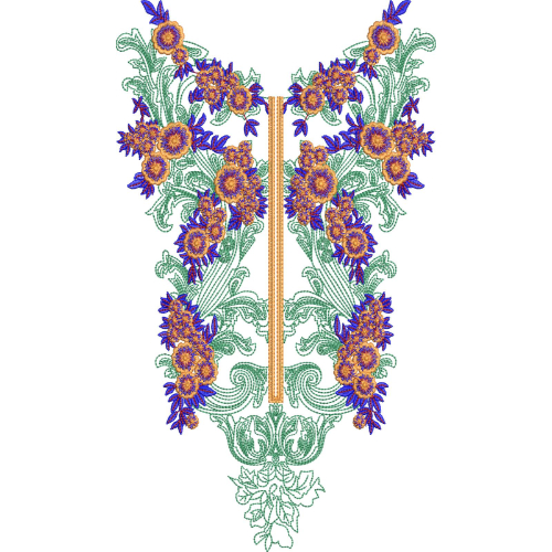 Bold Floral Slit Neckline Embroidery Design with Sunflower Motifs and Ornamental Vine Detailing