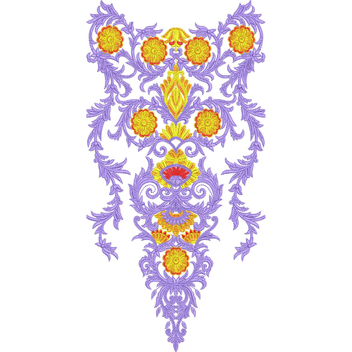 Royal Floral Neckline Embroidery Design with Ornamental Vines and Vibrant Central Motifs