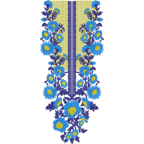 Blue Floral Slit Neckline Embroidery Design with Geometric Net Panel and Vertical Vine Arrangement