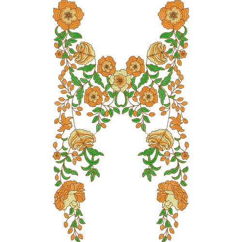 Elegant Floral Neckline Embroidery Design with Soft Orange Blossoms and Flowing Vine Layout