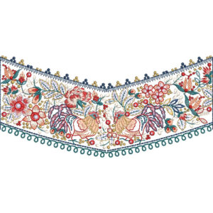 Colorful Floral Lace Embroidery Border with V-Shaped Composition and Decorative Loop Edge