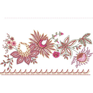 Ornamental Floral Lace Embroidery Border with Paisley Motif and Beaded Vine Edge