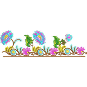 Colorful Floral Lace Embroidery Border with Curved Vine and Decorative Blossom Motifs