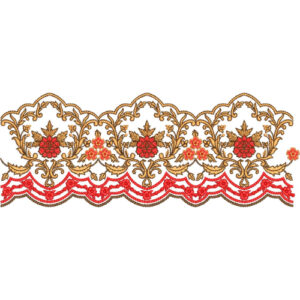 Ornamental Floral Lace Embroidery Border with Scalloped Edge and Decorative Vine Motifs