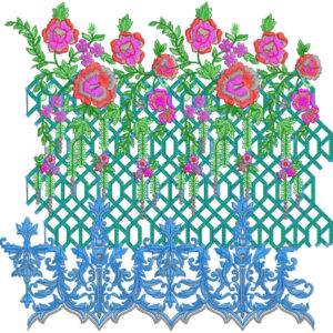 Floral Lace Embroidery Border with Geometric Net Background and Ornamental Base Design