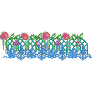 Floral Lace Embroidery Border with Geometric Net Pattern and Ornamental Scroll Base
