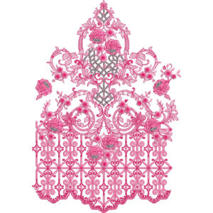 Ornamental Floral Lace Embroidery Design with Scrollwork, Rose Motifs, and Lattice Base