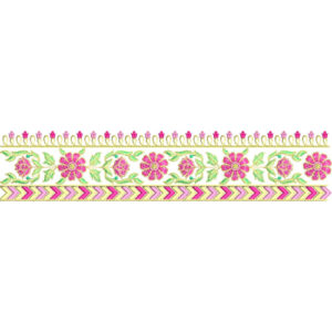 Floral Lace Embroidery Border with Decorative Bands and Stylized Blossom Motifs
