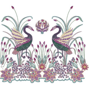 Peacock Floral Lace Embroidery Border with Symmetrical Bird Motifs and Decorative Blossom Base