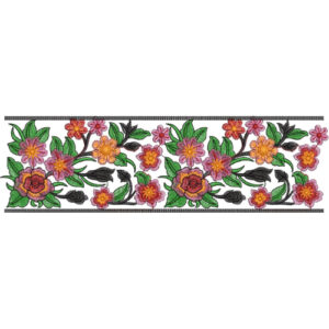 Colorful Floral Lace Embroidery Border with Dense Blossom Arrangement and Leafy Vines