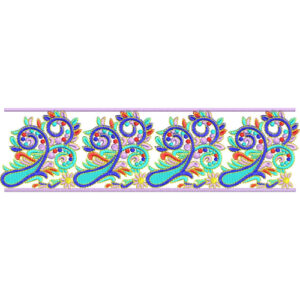 Colorful Paisley Lace Embroidery Border with Swirling Motifs and Decorative Floral Accents
