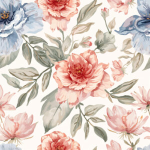 Elegant Peach and Blue Peony Seamless Floral Pattern with Botanical Leaves