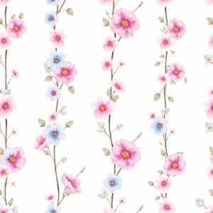 Delicate Pink and Blue Blossom Vine Seamless Pattern with Vertical Floral Stems