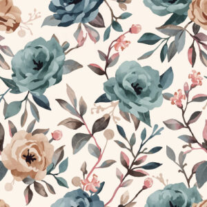 Vintage Teal and Beige Rose Seamless Floral Pattern with Botanical Branches