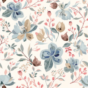 Soft Blue and Beige Botanical Floral Seamless Pattern with Delicate Garden Blossoms
