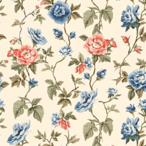 Vintage Coral and Blue Rose Vine Seamless Floral Pattern