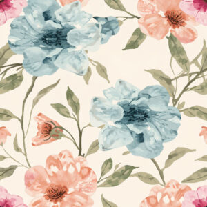 Soft Watercolor Blue and Peach Floral Seamless Pattern Design