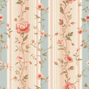 Vintage Rose Vine Stripe Seamless Pattern with Coral Garden Flowers