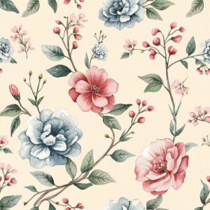 Vintage Pink and Blue Rose Seamless Floral Pattern with Botanical Branches