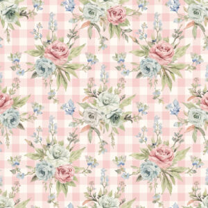 Vintage Rose Bouquet Seamless Pattern with Pink Gingham Background